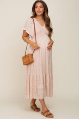 Light Pink Floral Smocked Maternity Midi Dress