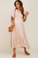 Light Pink Floral Smocked Maternity Midi Dress