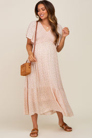 Light Pink Floral Smocked Maternity Midi Dress