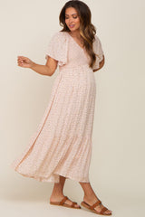 Light Pink Floral Smocked Maternity Midi Dress