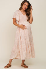 Light Pink Floral Smocked Maternity Midi Dress