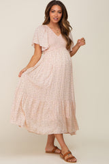 Light Pink Floral Smocked Maternity Midi Dress