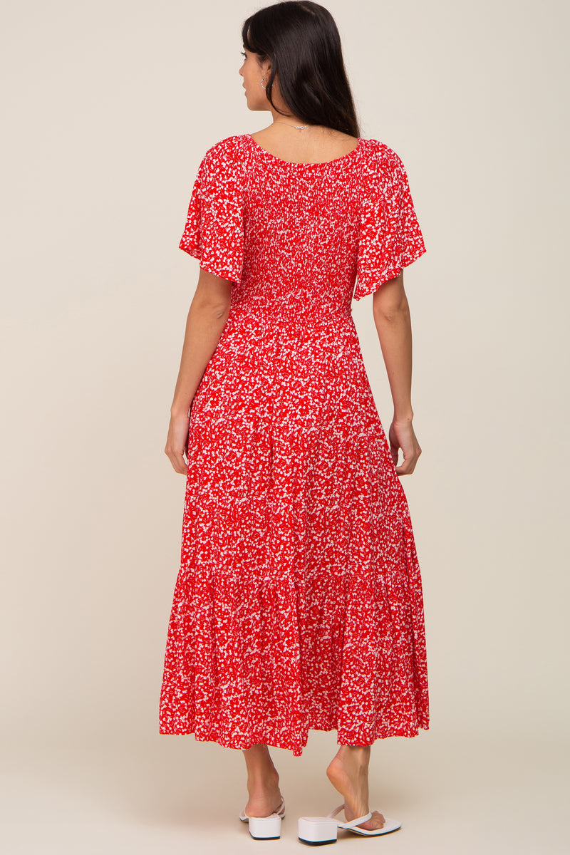 Red Floral Smocked V-Neck Flutter Short Sleeve Midi Dress – PinkBlush