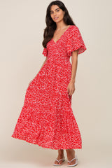 Red Floral Smocked V-Neck Flutter Short Sleeve Midi Dress