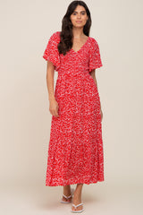 Red Floral Smocked V-Neck Flutter Short Sleeve Midi Dress