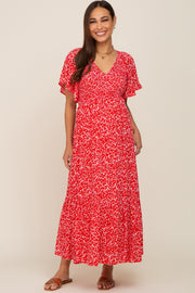 Red Floral Smocked V-Neck Flutter Short Sleeve Maternity Midi Dress