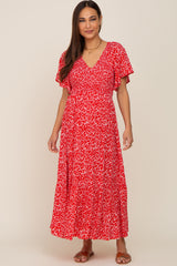 Red Floral Smocked V-Neck Flutter Short Sleeve Maternity Midi Dress