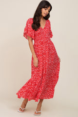 Red Floral Smocked V-Neck Flutter Short Sleeve Midi Dress