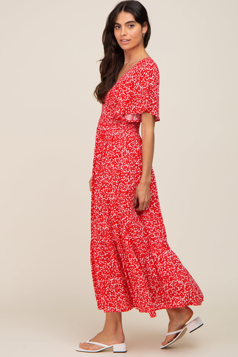 Red Floral Smocked V-Neck Flutter Short Sleeve Midi Dress – PinkBlush