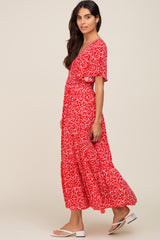 Red Floral Smocked V-Neck Flutter Short Sleeve Midi Dress