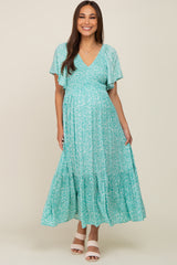 Jade Floral Smocked V-Neck Flutter Short Sleeve Maternity Midi Dress