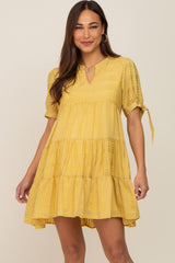 Yellow Textured Stripe V-Neck Tiered Maternity Dress