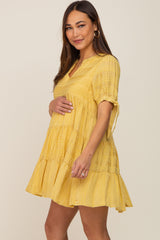 Yellow Textured Stripe V-Neck Tiered Maternity Dress