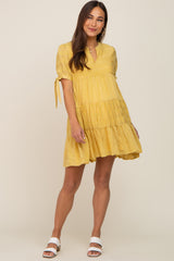 Yellow Textured Stripe V-Neck Tiered Maternity Dress