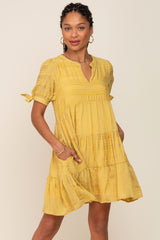 Yellow Textured Stripe V-Neck Tiered Maternity Dress