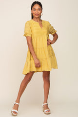 Yellow Textured Stripe V-Neck Tiered Dress