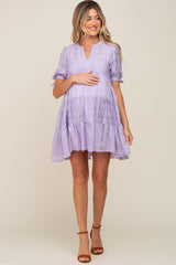 Lavender Textured Stripe V-Neck Tiered Maternity Dress