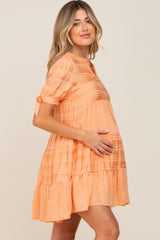 Peach Textured Stripe V-Neck Tiered Maternity Dress