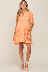 Peach Textured Stripe V-Neck Tiered Maternity Dress