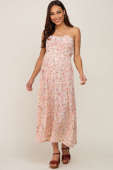 Light Pink Floral Halter Tie Open Back Maternity Midi Dress