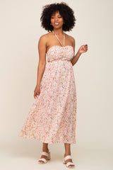 Light Pink Floral Halter Tie Open Back Midi Dress