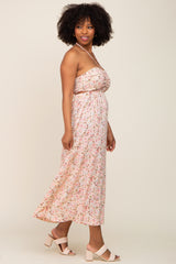 Light Pink Floral Halter Tie Open Back Midi Dress