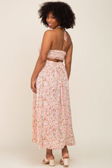 Light Pink Floral Halter Tie Open Back Midi Dress