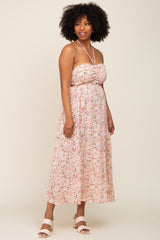 Light Pink Floral Halter Tie Open Back Midi Dress