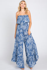 Blue Floral Ruffle Overlay Jumpsuit