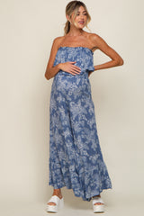 Blue Floral Ruffle Overlay Maternity Jumpsuit