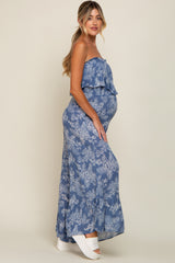 Blue Floral Ruffle Overlay Maternity Jumpsuit