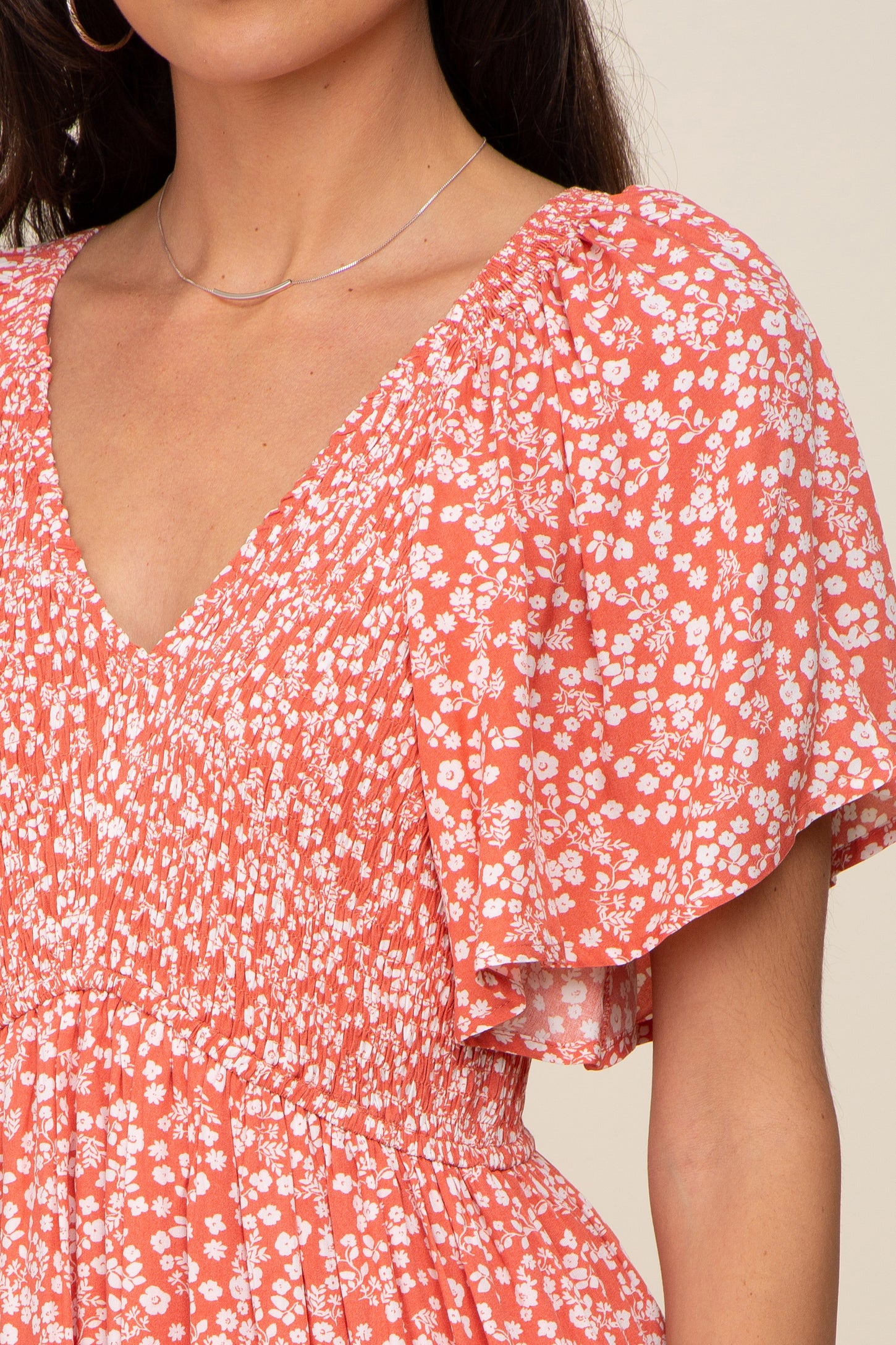 Ribbed Floral Print Splice Short-sleeve Matching Pink Midi Dresses