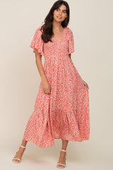 Coral Floral Smocked V-Neck Flutter Short Sleeve Midi Dress