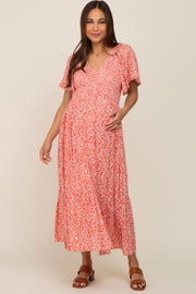 Coral Floral Smocked V-Neck Flutter Short Sleeve Maternity Midi Dress