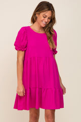 Fuchsia Tiered Puff Sleeve Maternity Dress