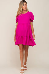 Fuchsia Tiered Puff Sleeve Maternity Dress