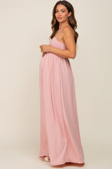 Light Pink Smocked Sleeveless Maternity Maxi Dress