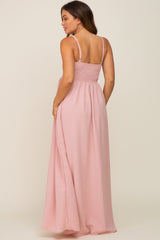 Light Pink Smocked Sleeveless Maternity Maxi Dress