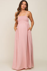 Light Pink Smocked Sleeveless Maternity Maxi Dress