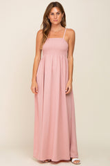 Light Pink Smocked Sleeveless Maternity Maxi Dress