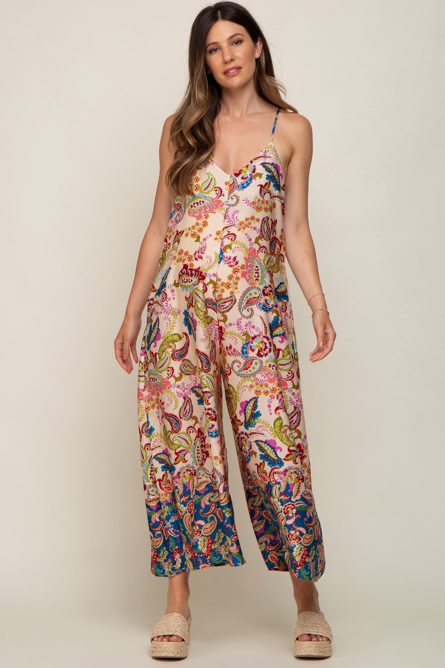 Beige Floral Paisley Cropped Maternity Jumpsuit PinkBlush