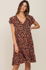 Black Floral Button Front Ruffle Shoulder Maternity Dress