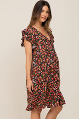 Black Floral Button Front Ruffle Shoulder Maternity Dress