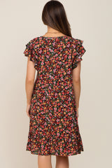 Black Floral Button Front Ruffle Shoulder Maternity Dress