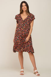 Black Floral Button Front Ruffle Shoulder Maternity Dress