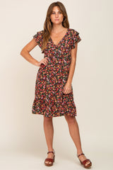 Black Floral Button Front Ruffle Shoulder Maternity Dress