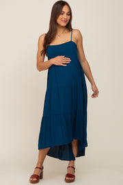 Navy Blue Square Neck Tiered Hi-Low Maternity Midi Dress