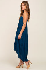 Navy Blue Square Neck Tiered Hi-Low Midi Dress