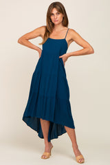 Navy Blue Square Neck Tiered Hi-Low Midi Dress