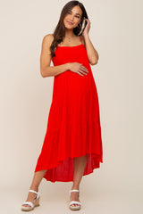 Red Square Neck Tiered Hi-Low Maternity Midi Dress